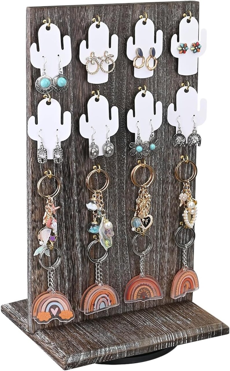 Wooden Rotating Two-Sided Jewelry Display Stand – Coffee Color Organizer with 32 Hooks for Earrings, Keychains, and Accessories (9" W x 7.5" D x 16.5" H)